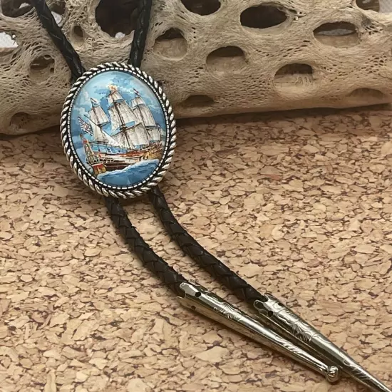 Nautical Ship Pirate Ocean Sailing Bolo Tie Lariat Necklace Wedding Gift Dad Son