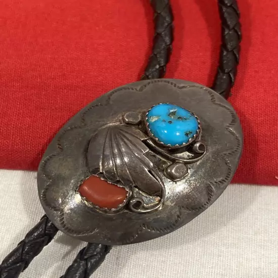 Vintage Sterling Silver 925 Bolo Tie With Turquoise & Coral Western Southwestern