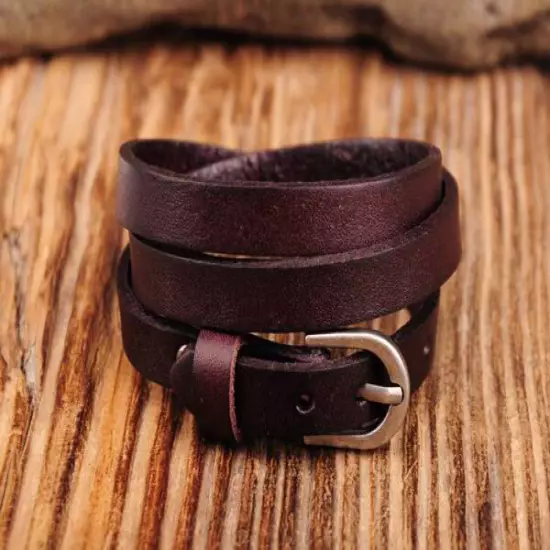 JS43 Cool Surfer Triple Wrap Quality Leather Mens Bracelet Wristband Cuff Coffee