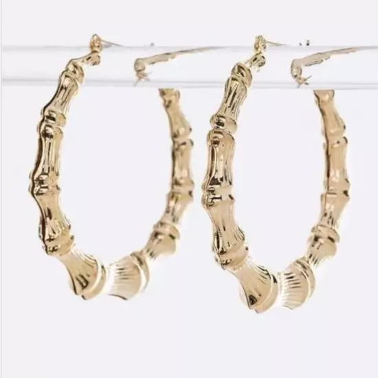 Womens Bamboo Hoop Earrings Gold Tone Hoop Oversize Jewelry New Hip Hop Retro