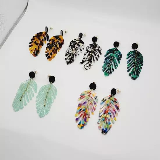 Leaf Shape Drop Dangle Earrings 5 Pair Set - Resin Acrylic Boho Women's Jewelry