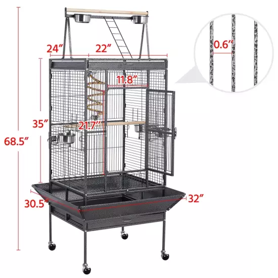 68.5'' Play Top Parrot Cage Metal Rolling Birdcage, Black