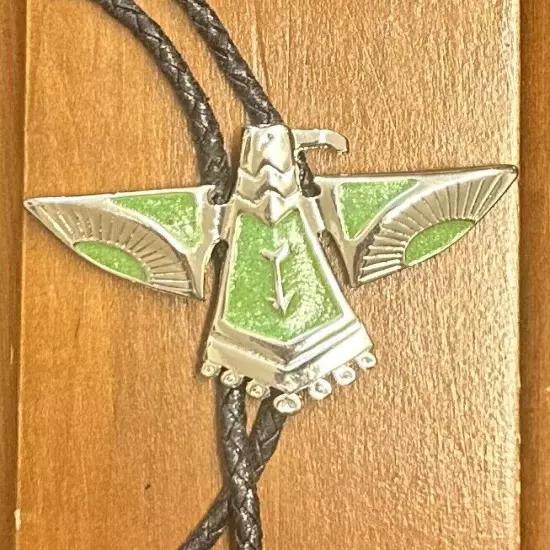 Silver Plated Green Enamel Thunderbird Southwestern Bolo Tie