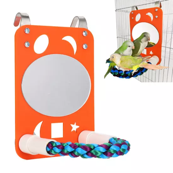 Parrot Biting Chewing Toy Cotton Rope Stand With Large Plastic Mirror Oval