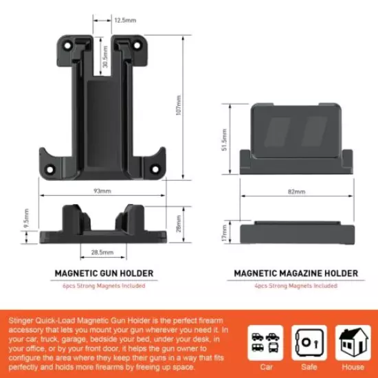 STINGER Magazine Magnetic & Quick-Load Gun Holder Fits Most Semi-Auto Pistols