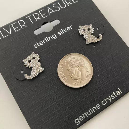 Sterling Silver Kitty Cat Post Earrings Petite Crystal Pave NEW