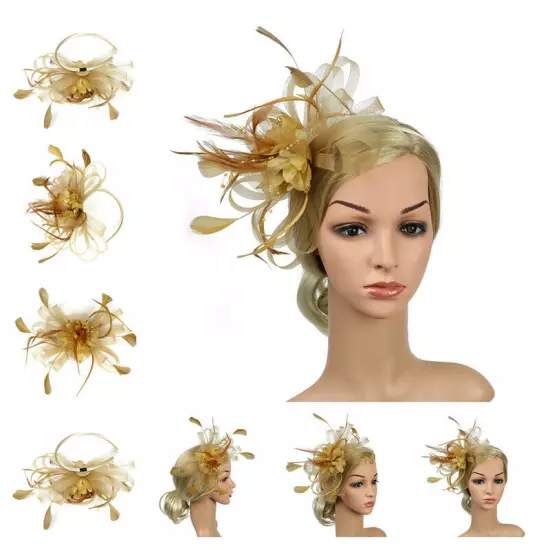 Women Fascinator Feather Hat Flower Hair Clip Church Wedding Party Headwear Clip