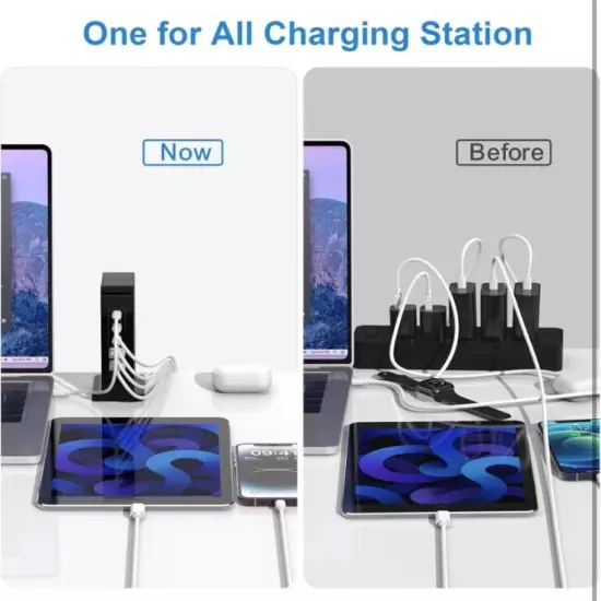 USB C Charger Block, 120W GaN 5 Port PD USB-C and QC USB-A Charging Station