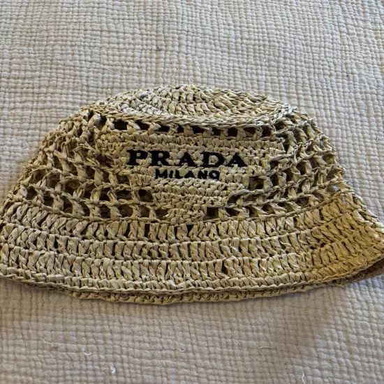 PRADA Beige Natural Crochet Bucket Hat Small