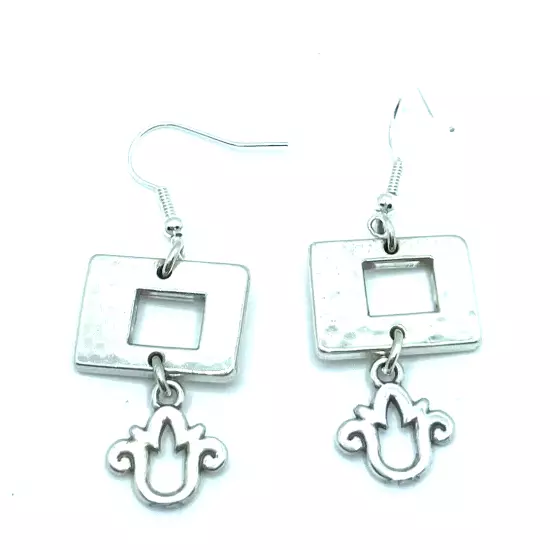 Brighton PIAZZA Hammered Squares/Rectangles Tulip Flowers Silver Custom Earrings