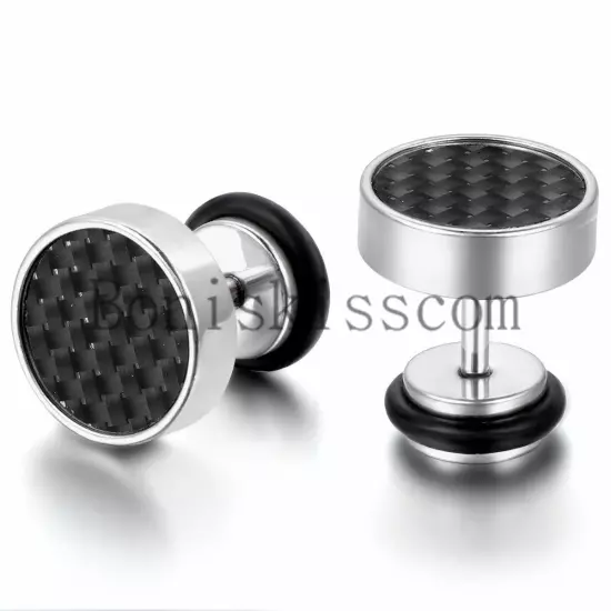 Mens Stud Earrings Stainless Steel Illusion Tunnel Plug Screw Back Carbon Fiber