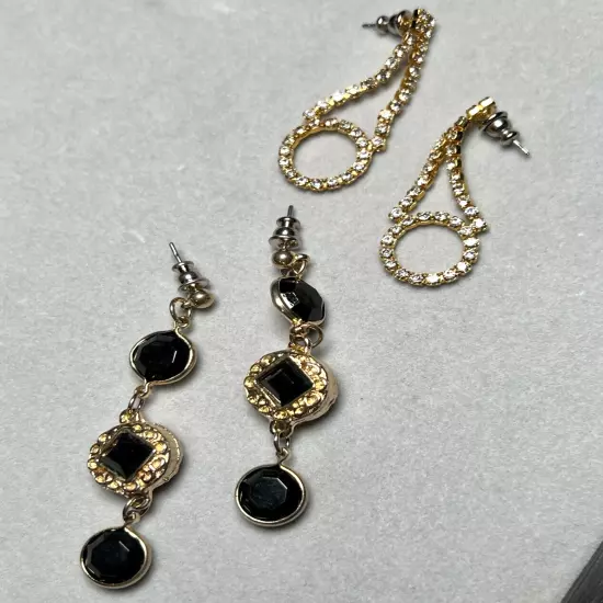 4 Pair Vintage Gold Tone Dangle Hanging Earrings Black Brown Enamel Faux Stone