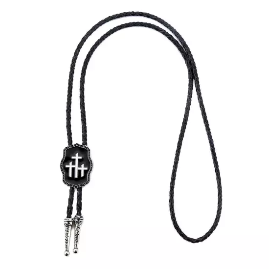 Mens BOLO Tie Vintage Cross Drip Necklace Wedding Alloy PU Rope Western Cowboy