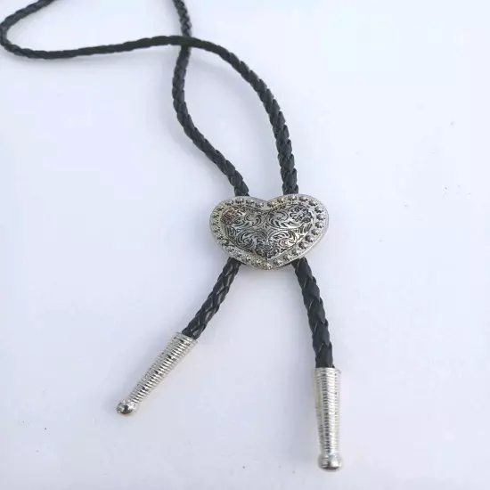 Silver Heart Shape Bolo Tie W/ 36" 4mm Black Braided Cord W/1.25 " Silver Tips