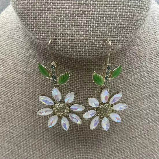 Betsey Johnson Daisy Flower with Green Leaves & Clear Crystal Earrings