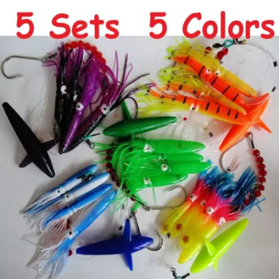 5 Sets DAISY CHAIN BAIT RIG BULB SQUID & BIRD TUNA MARLIN TROLLING LURES-RANDOM