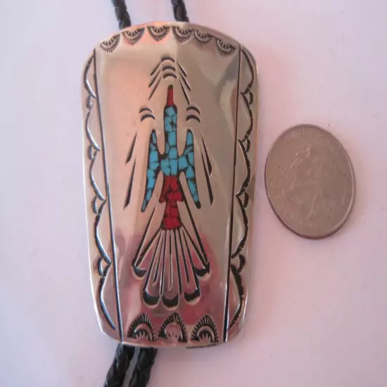 WN Bolo Inlaid Turquoise Coral Silver 2.5" x 2" 