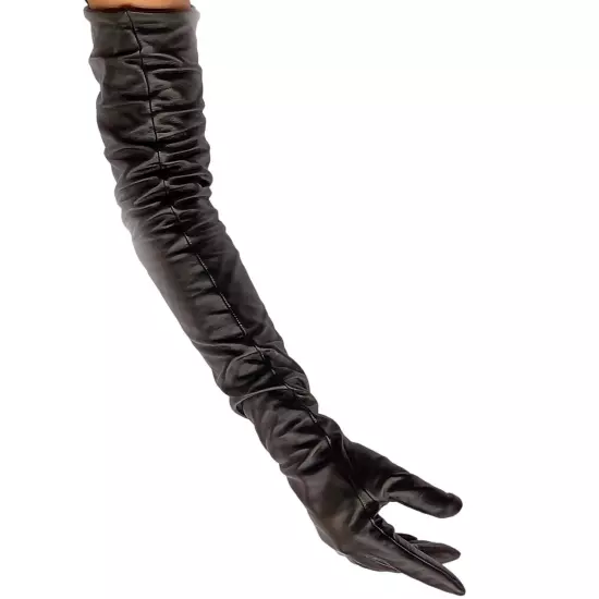 Women super Long Real Sheep Leather Shoulder length Gloves Black