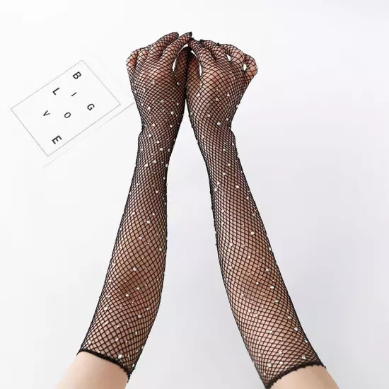 Fishnet Long Gloves Women Rhinestones Gloves Mesh Wrist Arm Gloves Dance Gloves