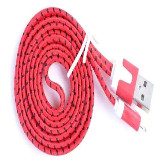 10-foot USB Cable Flat Braided For iPhone 14, 13, 12, X, 8,7,6,5. 10 colors. 001