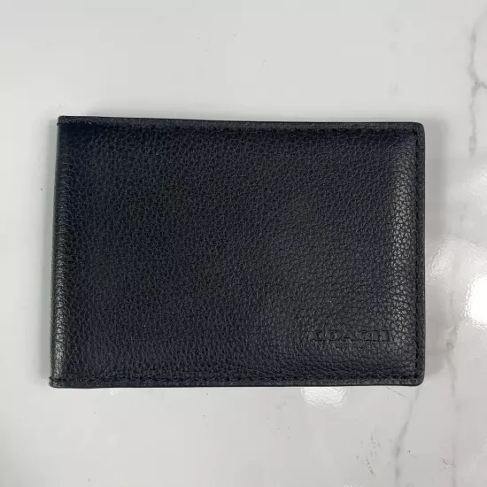 Coach Black Pebbled Leather Compact Bifold Wallet Unisex ID Pocket Credit Cards