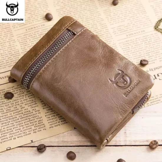 BULLCAPTAIN Retro Genuine Leather RFID Mens Wallet Card ID Holder Zipper Purse