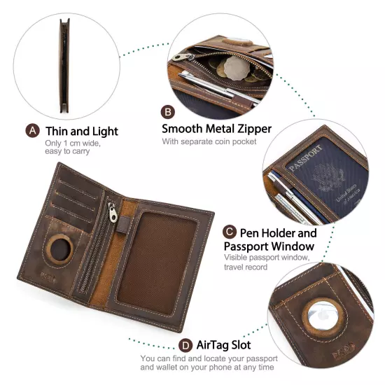 Genuine Leather RFID Coin Pen Passport Holder Bag Wallet AirTag Card Slot Travel