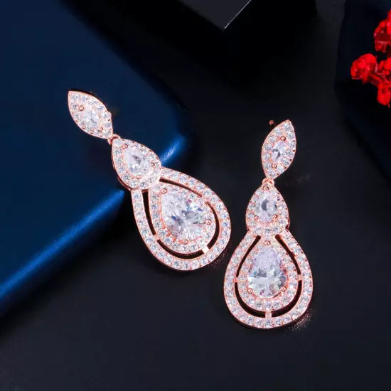 Elegant Rose Gold Plated Cubic Zirconia Dangle Drop Earrings Women Party Jewelry