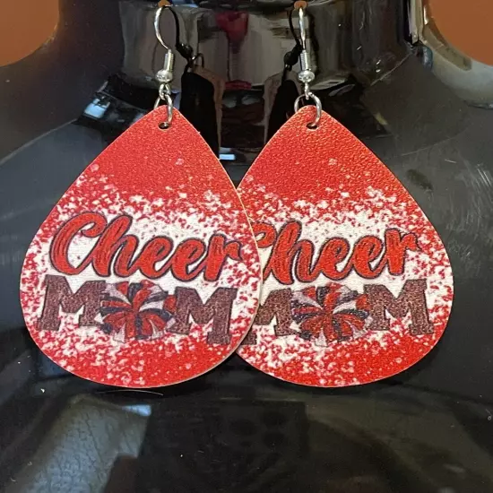 Faux Leather Cheer Mom Teardrop Shaped Dangle Earrings Double Sided Print Light