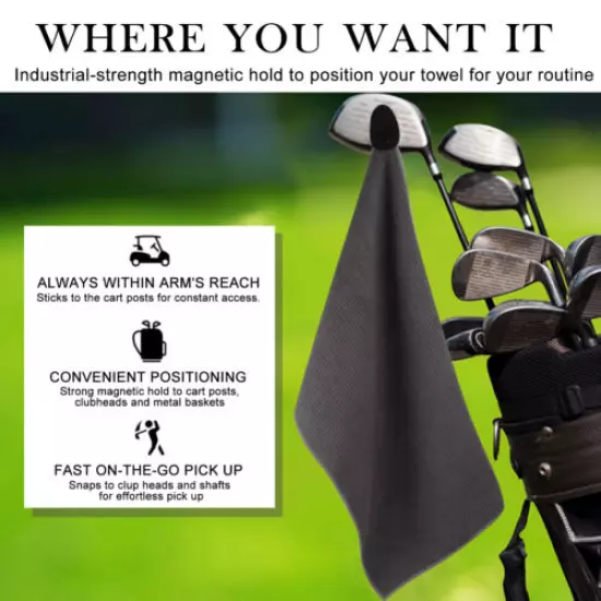 Magnetic Golf Towel, Sticks to club or cart, Magnet, Grey or Black, USA seller