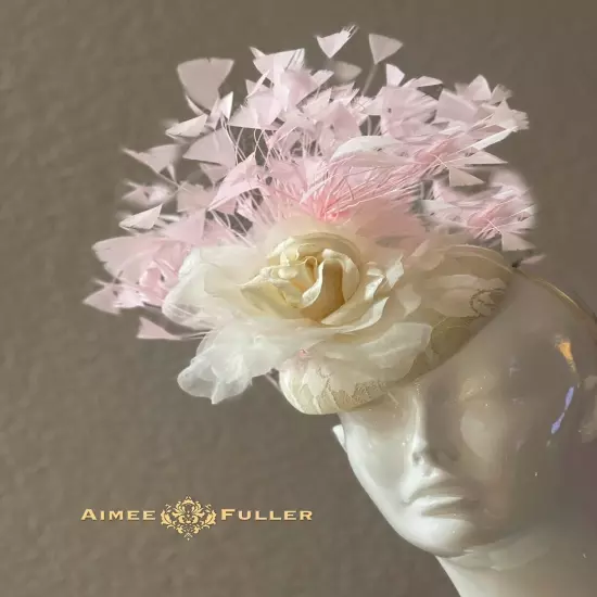 Kentucky Derby Fascinator Pink Satin Ivory White Rose Hat Royal Ascot Bridal Hat