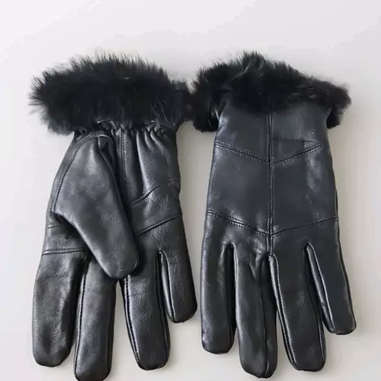 Women's Sz XL Lined Black Leather Gloves With Rabbit Fur Trim EUC