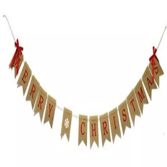  Merry Christmas Burlap Banners Garlands with Ribbon Bows for Xmas Linen Color