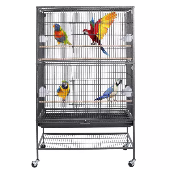 Black Large Rolling Metal Bird Cage Parakeet Cockatiel Cage with Draw-out Tray