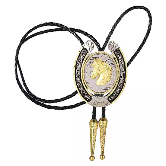 Bolo Tie for Men- Western Cowboy Native American Golden Horse Leather Necktie