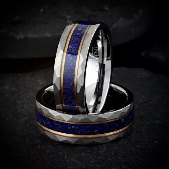 Black Tungsten Carbide Blue Lapis Lazuli Rose Gold Plated Wedding Band Ring