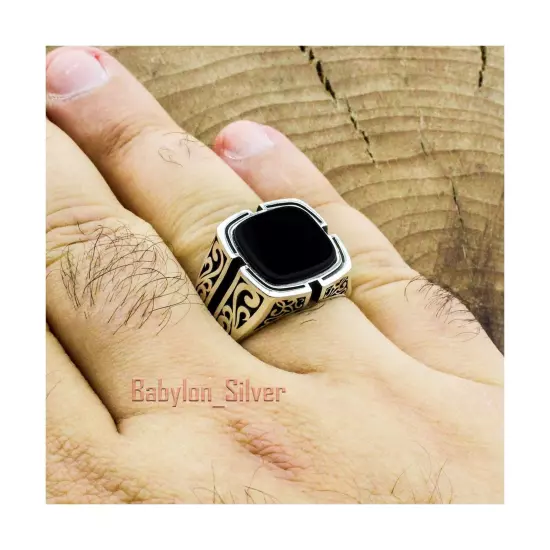 Solid 925 Sterling Silver Black Onyx Stone Turkish Handmade Luxury Men's Ring