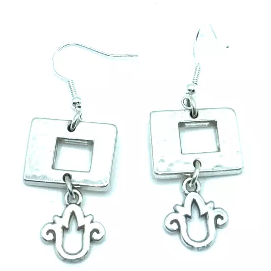 Brighton PIAZZA Hammered Squares/Rectangles Tulip Flowers Silver Custom Earrings