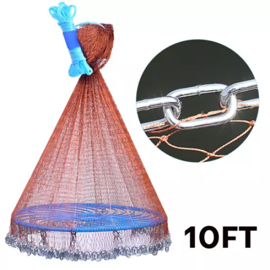 8ft-14ft Fishing Cast Net Tyre Flying Disc Throw Hand Cast Trap Line Mesh+Sinker