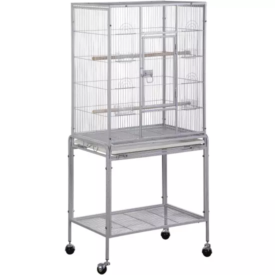 53" Parakeet Bird Cage Parrot Flight Cage Wrought Iron Rolling Stand White/Black