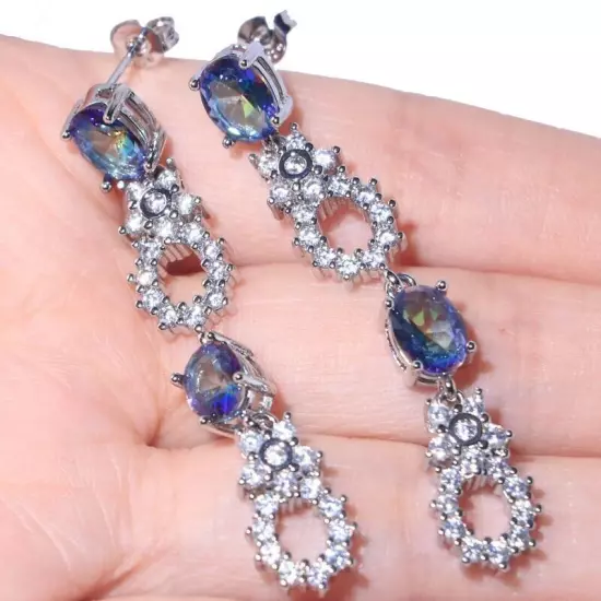 Highly Recommend Rainbow Violet Topaz White CZ Gift For Sister Silver Earrings 