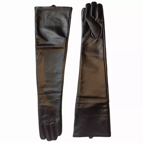 Women super Long Real Sheep Leather Shoulder length Gloves Black