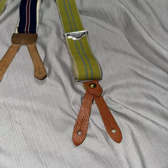 Vintage 1950s Police Brace Suspenders Y-Back Stripe Green Pebbled Leather