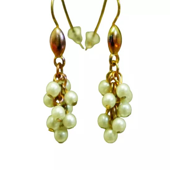 Faux Pearl Cluster Dangle Earrings Gold Tone Fishhook