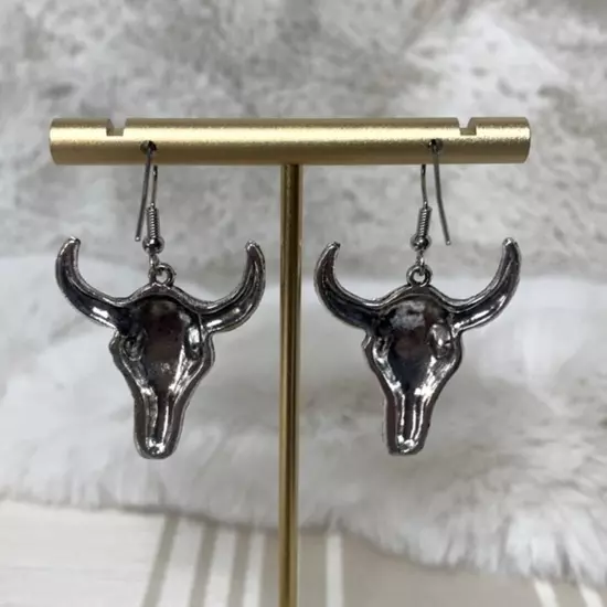 New Cowboy Boho Steer Longhorn Bull Silver-tone Pierced Earrings 2” Long Drop 