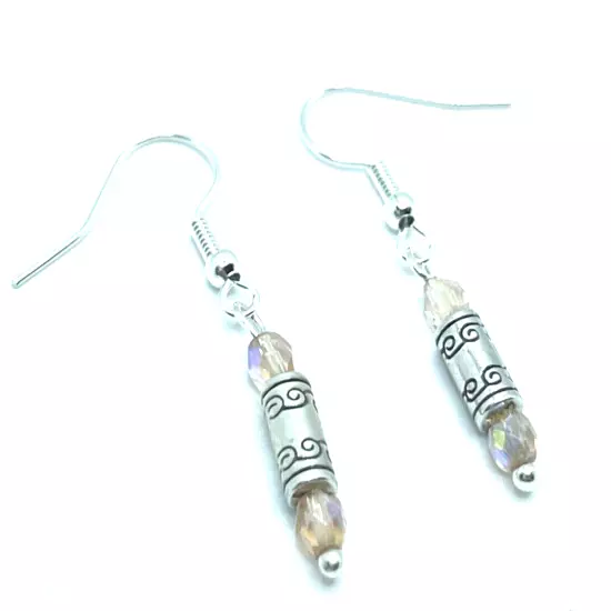 Brighton Gleam Etched Silver Cylinders & Peach Beads Dangle Custom Earrings