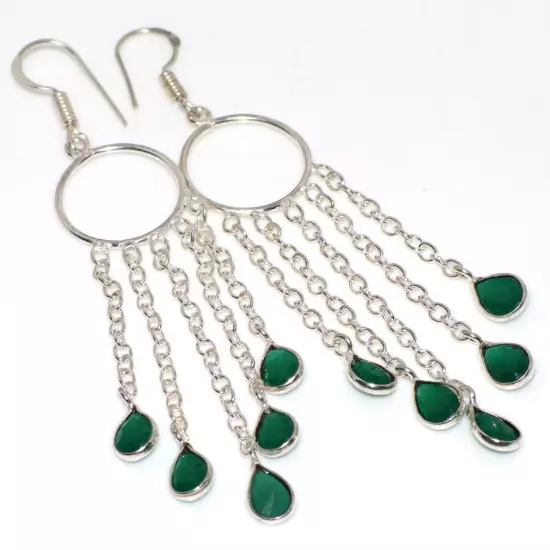 Green Onyx 925 Silver Plated Long Gemstone Earrings 2.5" Jewelry Gift GW