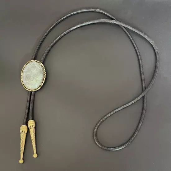 Natural Labradorite Stone Mens Bolo Tie Cowboy Vintage Alloy Waxed Rope Wedding