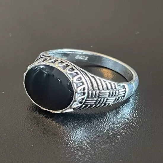 Round Black Obsidian Stone S925 Silver Plated Women Men Ring 