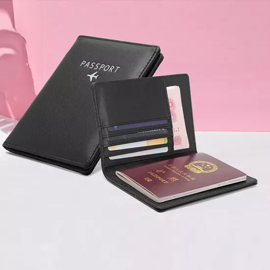 Leather Passport Holder Wallet Slim RFID Blocking ID Card Case Cover Black